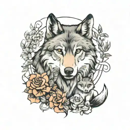 wolf guarding baby's  tattoo design idea
