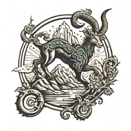 Capricorn symbol rising obsactles and reaching mountain top tattoo design idea