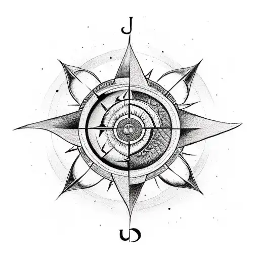 A tattoo design of the sun and moon intertwined with a compass rose, representing the guiding forces in international relations and the endless possibilities of travel tattoo design idea