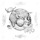 A tattoo design of a globe surrounded by various animals from different continents, representing the diversity and unity of the world in international relations tattoo design idea