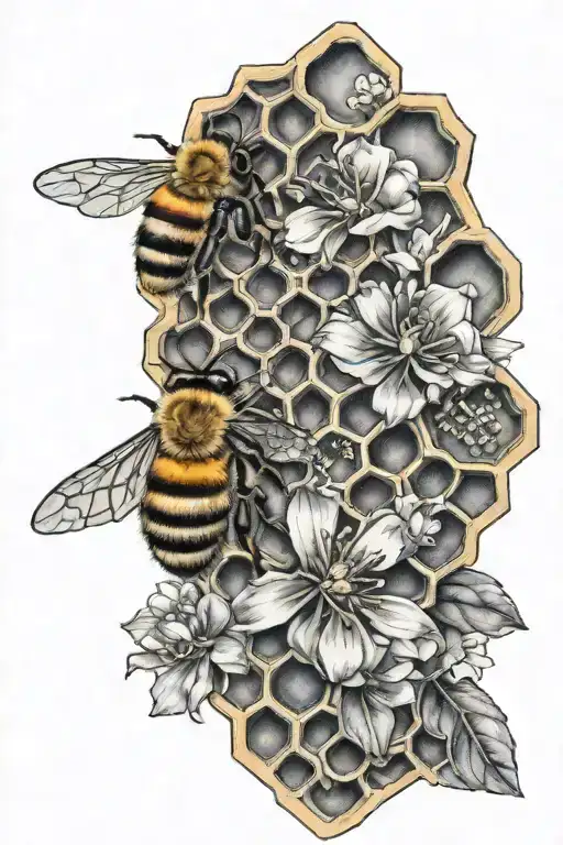 honeycomb and bee with 3 flowers tattoo design idea