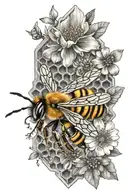 honeycomb and bee with 3 flowers tattoo design idea