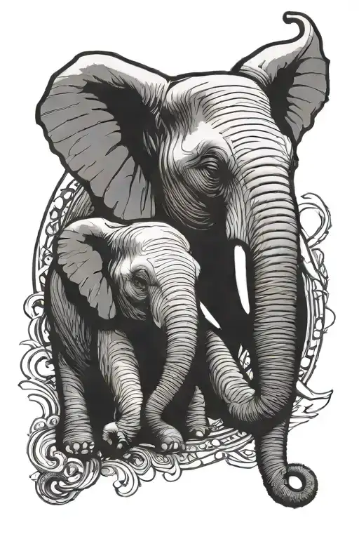 elephant face half angry and half calm, calm side has a baby elephant tattoo design idea