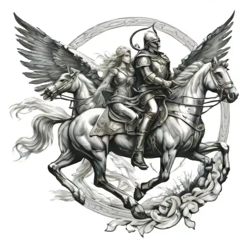 Norse mythology and Greek mythology are at war with each other  Valkyries are flying on their horses in the background tattoo design idea
