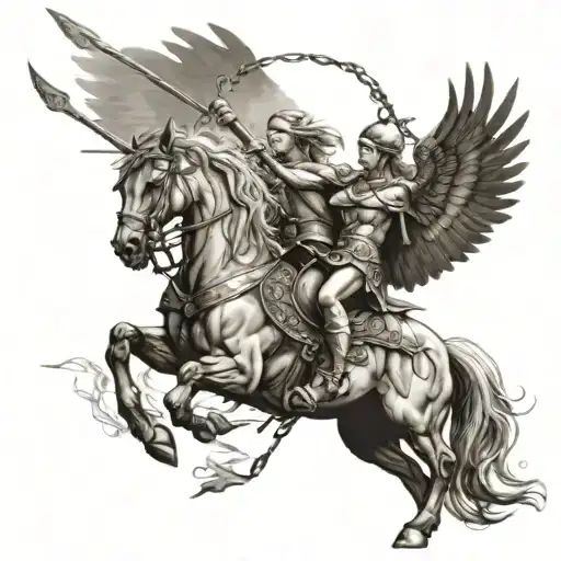 Norse mythology and Greek mythology are at war with each other,Valkyries are flying on their horses in the background tattoo design idea