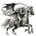 Norse mythology and Greek mythology are at war with each other,Valkyries are flying on their horses in the background tattoo design idea