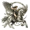 Norse mythology and Greek mythology are at war with each other,Valkyries are flying on their horses in the background tattoo design idea