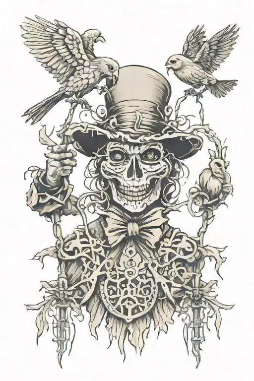 symmetrical scarecrow with a puppeteer above it  tattoo design idea