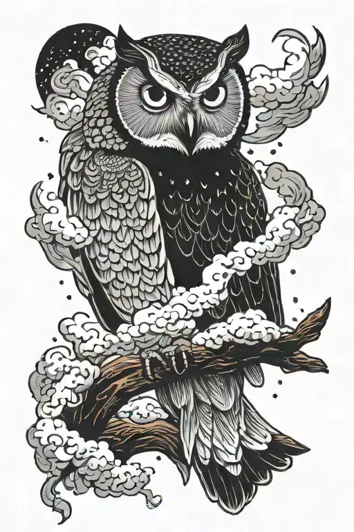 Owl in the night with clouds and bible scripture. tattoo design idea