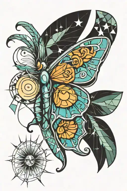 lunar moth and geometric sun shining tattoo design idea