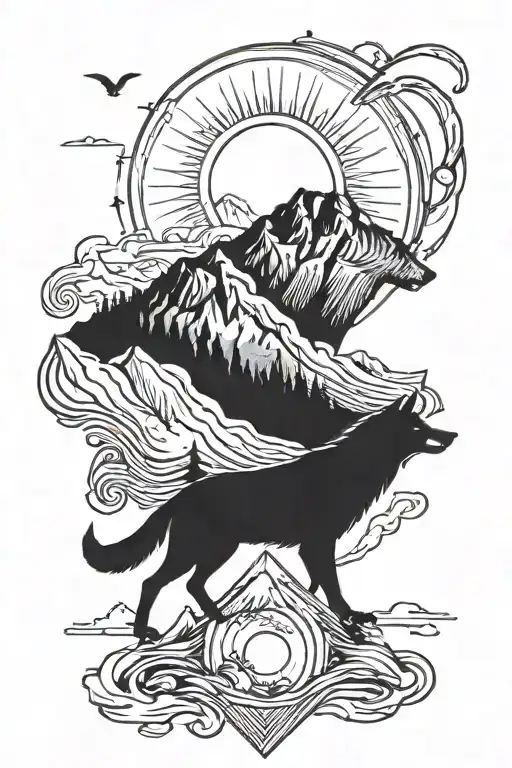 Sleeve tattoo with mountain and wolf theme on shoulder. Add a sun and stats. For men. Black and white tattoo design idea