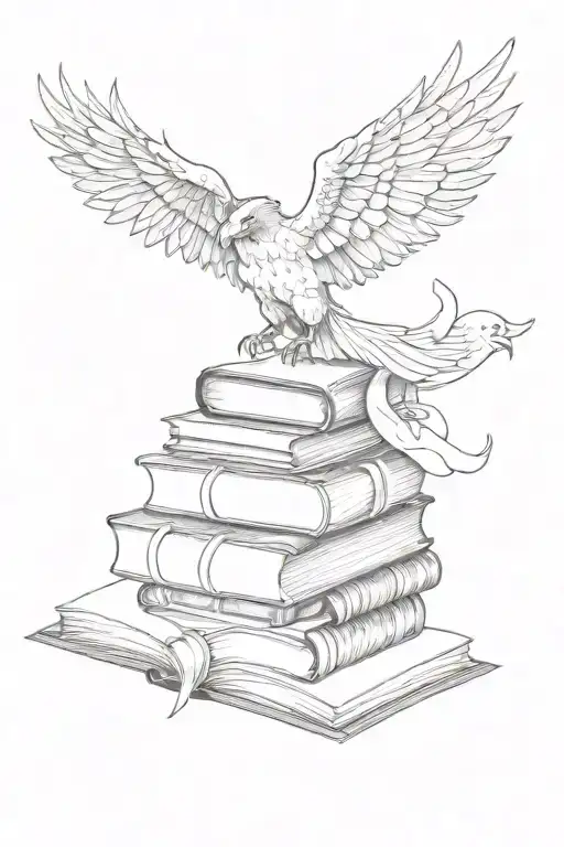 A stack of books morphing into a phoenix with a moon in the background tattoo design idea