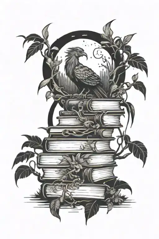 A moonlit library with a phoenix perched on a stack of books, surrounded by jungle foliage tattoo design idea