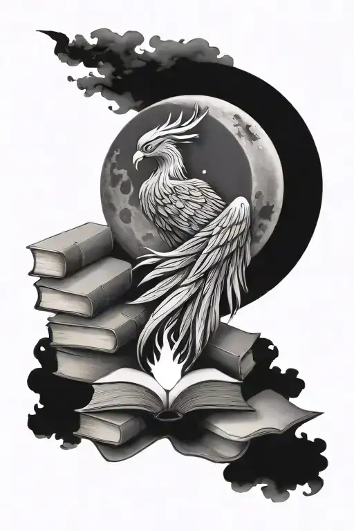 A stack of books morphing into a phoenix with a moon in the background tattoo design idea