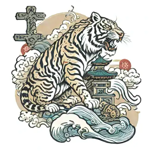 3 crosses on a hill with a tiger looking at from a distnace, dove emerging from cloud, an koi in waves on the left tattoo design idea