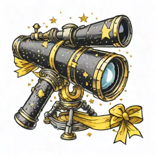 telescope looking at stars with a yellow ribbon or bow wrapped around  tattoo design idea