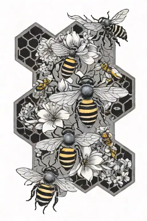 bees, honeycomb, flowers blooming tattoo design idea