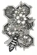 bees, honeycomb, flowers blooming tattoo design idea