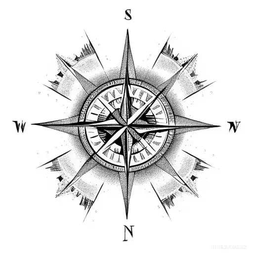 A stylized compass tattoo with elements of fashion and travel motifs, symbolizing your wanderlust tattoo design idea