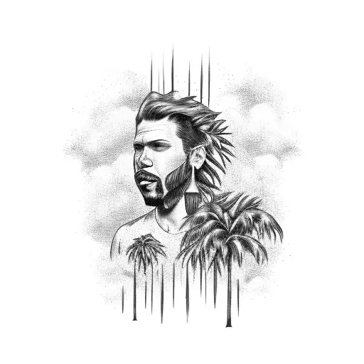 florida state with mouth grill inside with palm trees around the state and louisiana state with a street sign  tattoo design idea