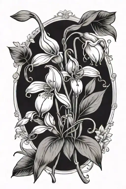 A realistic portrait of a snowdrop flower intertwined with a carnation flower, symbolizing the delicate balance of strength and beauty, in a traditional style tattoo design idea