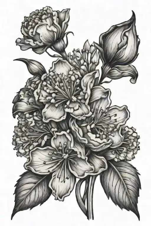 A detailed blackwork tattoo of a carnation and snowdrop flower bouquet to represent your passion for flowers tattoo design idea