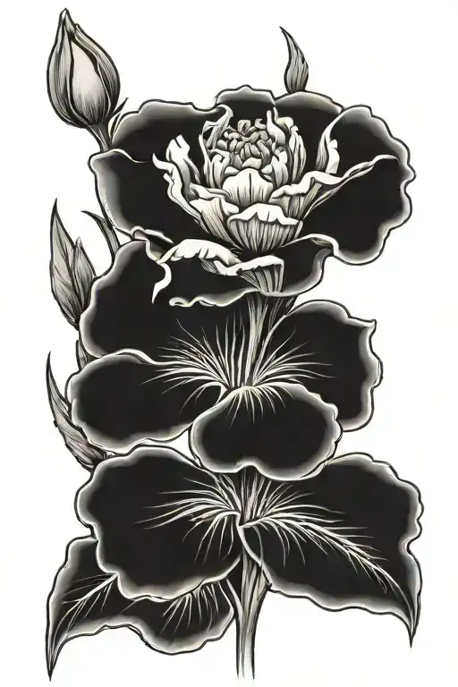 A black-grey tattoo of a carnation and snowdrop flower with your daughter's name incorporated in a subtle way to honor your favorite person tattoo design idea