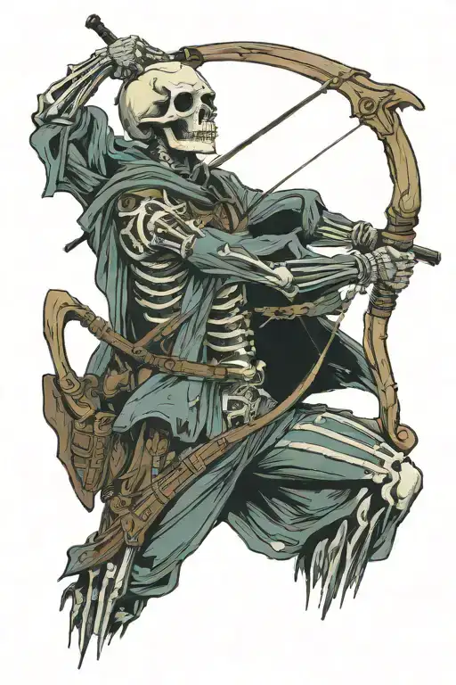 skeleton archer tattered clothes holding bow hunting scene tattoo design idea