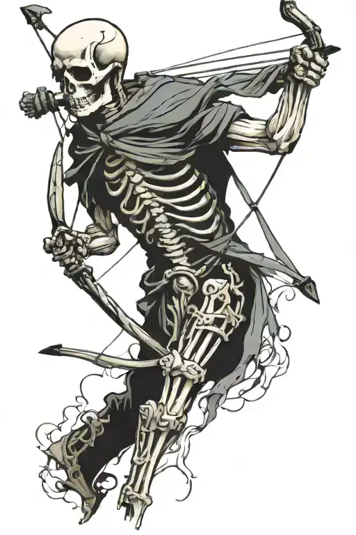 standing skeleton archer tattered clothes holding bow tattoo design idea