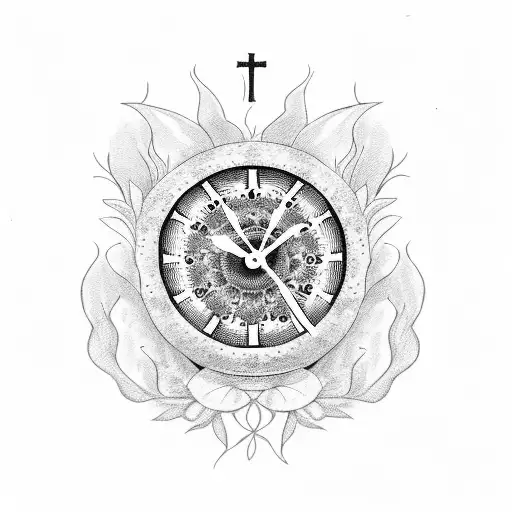 clock with two glocks a dead flower flames and a cross tattoo design idea