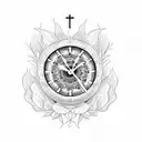 clock with two glocks a dead flower flames and a cross tattoo design idea