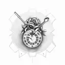 clock with two glocks a dead flower flames and a cross tattoo design idea