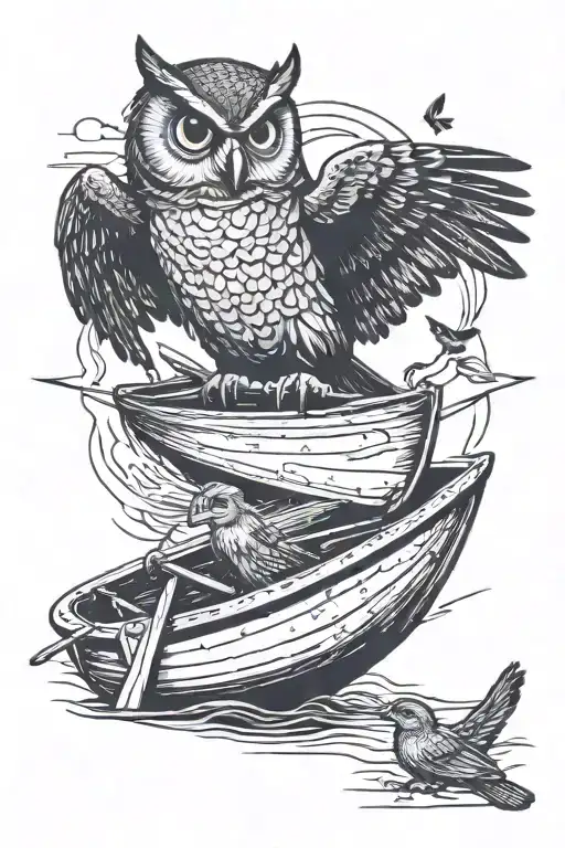 owl rowing boat with blackbird on edge overlooking tattoo design idea