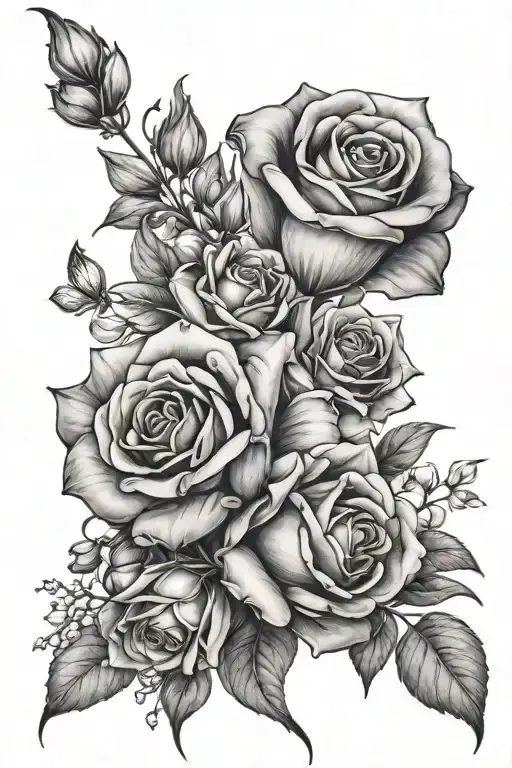 rose, sweetpea and lily of the valley flowers tattoo design idea