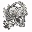 The iconic Warhammer 40K Space Marine helmet With Text "The Emperor Protects" tattoo design idea