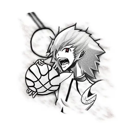 A manga character playing basketball with an electric guitar on his tee shirt tattoo design idea