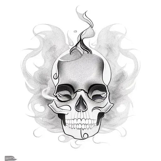 A stylized blackwork tattoo of a woman's face merged with a skull, representing the duality of life and death, with smoke trailing behind her tattoo design idea