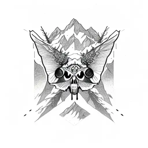 A deathhead moth perched on a mountain peak, embodying the beauty and darkness of the biker lifestyle tattoo design idea