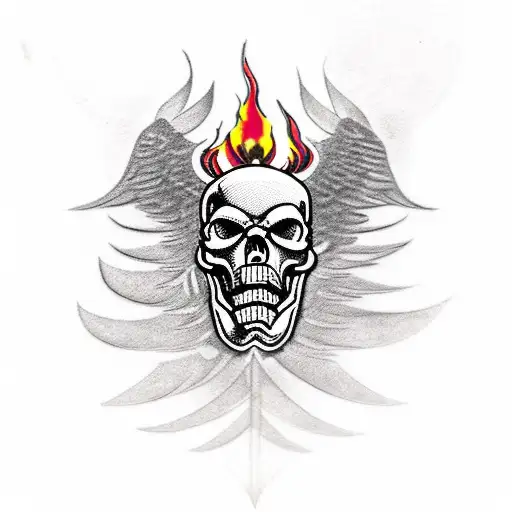 A fierce-looking skull wearing a biker helmet, surrounded by smoke and flames, with an eagle soaring above it tattoo design idea