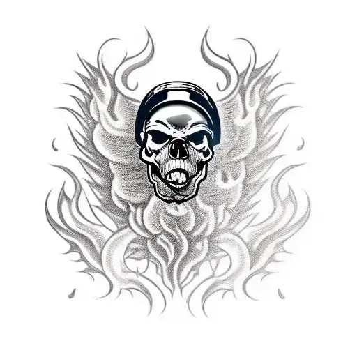 A fierce-looking skull wearing a biker helmet, surrounded by smoke and flames, with an eagle soaring above it tattoo design idea