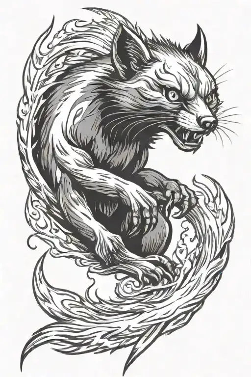 an angry marten charging with flaming eyes and demonic horns tattoo design idea