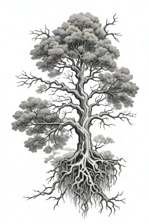 A black-grey tattoo of a tree with roots symbolizing heritage and branches representing the client's sons tattoo design idea