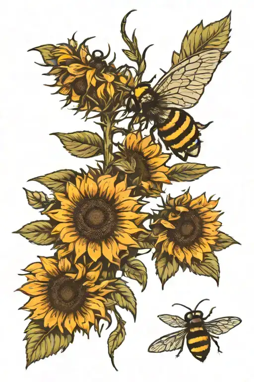 redwood tree with sunflower and bee sitting tattoo design idea