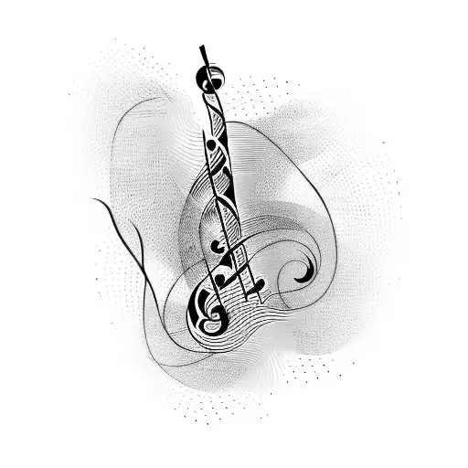 An abstract design incorporating musical notes and waveforms, with a silhouette of a dog hidden within the composition tattoo design idea