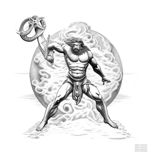atlas wolding the world posiedon unleashing the kraken and zeus in the clouds throwing a lighting bolt tattoo design idea