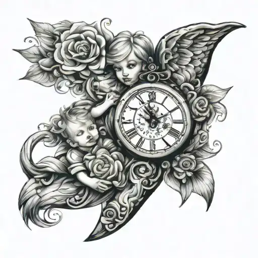 quarter arm sleeve with children's time of birth in a timepiece tattoo design idea