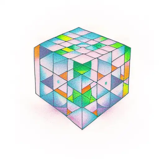 A colorful cube with programming code wrapping around it tattoo design idea