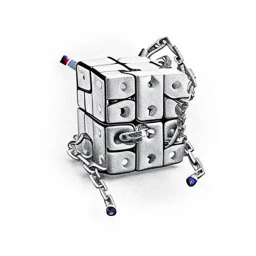 A realistic depiction of a Rubik's Cube merging with a bicycle chain tattoo design idea