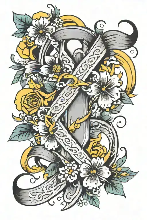 endometriosis ribbon and flowers intertwined tattoo design idea