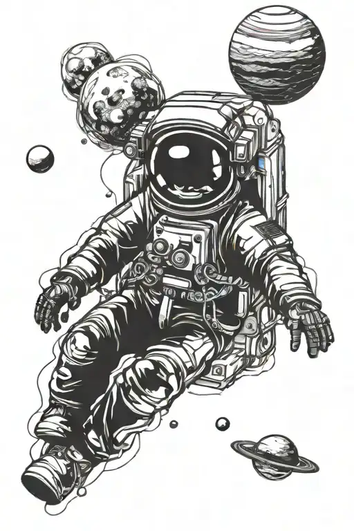 astronaut floating with planets in background black  tattoo design idea